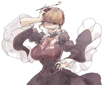 1girl beatrice_(umineko) bell_sleeves black_choker black_dress blonde_hair blue_eyes blunt_bangs bow braid breasts choker collar cowboy_shot crown_braid dress fangs flower framed_breasts frilled_collar frilled_dress frilled_sleeves frills hair_flower hair_ornament hand_on_own_head hand_on_own_hip highres holding holding_smoking_pipe hswoimuxk0pwr0h_(bbdan) jewelry kiseru large_breasts looking_ahead narrowed_eyes partially_shaded_face pink_bow puffy_sleeves ring rose sidelocks simple_background smoking_pipe solo square_neckline striped_clothes striped_dress taunting tongue tongue_out umineko_no_naku_koro_ni vertical-striped_clothes vertical-striped_dress white_background wide_sleeves