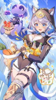 1girl absurdres animal_ear_fluff belt black_gloves black_hood black_leotard blue_eyes blue_sky blush bottle breasts carrot cat_girl cat_tail chinese_commentary cipher_(honkai:_star_rail) cleavage commentary_request cup day disposable_cup drooling ears_through_hood fingerless_gloves fingernails food gloves grey_hair highres holding holding_bottle honkai:_star_rail honkai_(series) leotard long_fingernails long_sleeves looking_down medium_breasts medium_hair multicolored_hair nail_polish open_mouth outdoors potato revision shorts sky smile soda_bottle soulglad sparkle spirithief_bartholos_(honkai:_star_rail) streaked_hair sucui_qiuqiu tail thigh_belt thigh_strap thighs white_shorts yellow_nails