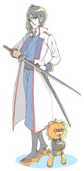 1boy 1girl bleach bleach:_epilogue blue_kimono cosplay full_body geta gintama glasses hair_between_eyes haori highres holding holding_sheath holding_sword holding_weapon itou_kamotarou itou_kamotarou_(cosplay) japanese_clothes kimono kon_(bleach) kuchiki_rukia official_alternate_hairstyle purple_eyes sandals shaolong sheath shinsengumi_(gintama) side_ponytail stuffed_animal stuffed_lion stuffed_toy sword voice_actor_connection weapon yagyuu_kyuubei yagyuu_kyuubei_(cosplay)