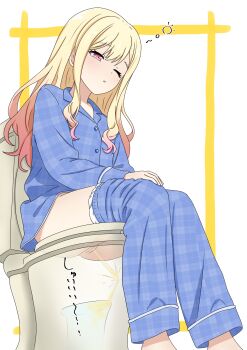 1girl ayafuya-p blonde_hair blue_pajamas blue_pants blue_shirt border cleft_of_venus clothes_pull collared_shirt commentary_request commission double-parted_bangs feet_out_of_frame from_side hair_down highres long_hair long_sleeves multicolored_hair on_toilet one_eye_closed outside_border pajamas panties pants pants_pull panty_pull parted_lips pee peeing pink_eyes pixiv_commission plaid_clothes plaid_pants plaid_shirt project_sekai pussy shirt simple_background sitting solo sound_effects squeans tenma_saki toilet toilet_use uncensored underwear white_background white_panties x-ray yellow_border