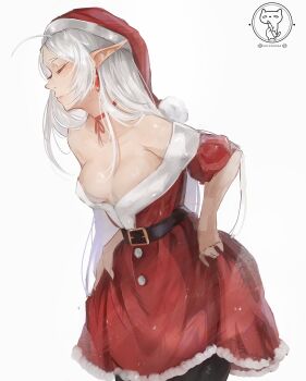 1girl absurdres adjusting_dress ahoge bare_shoulders belt black_belt black_pantyhose blush breasts choker christmas cleavage closed_eyes closed_mouth collarbone commentary dress earrings elf english_commentary frieren fur-trimmed_dress fur_trim hair_over_shoulder hat highres jewelry logo long_hair medium_breasts off-shoulder_dress off_shoulder pantyhose parted_bangs pointy_ears red_choker red_dress red_hat santa_costume santa_dress santa_hat shiszukaa simple_background solo sousou_no_frieren teardrop_earrings twitter_username very_long_hair white_background white_hair