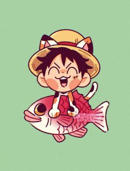 1boy :3 animal animal_costume animal_ears black_hair cat_costume cat_ears chunafishy commentary english_commentary facial_scar fish full_body green_background happy holding holding_animal holding_fish male_focus monkey_d._luffy official_alternate_costume one_piece open_mouth red_snapper scar scar_on_cheek scar_on_face short_hair simple_background solo twitter_username