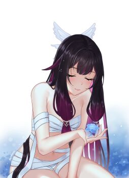 Rule 34 | 1girl, aoiabyss, bandages, bare shoulders, black hair, blue flower, chest sarashi, closed eyes, colored inner hair, columbina (genshin impact), commentary, flower, genshin impact, head wings, highres, long hair, multicolored hair, naked bandage, purple hair, sarashi, sitting, smile, solo, very long hair, white background, wings