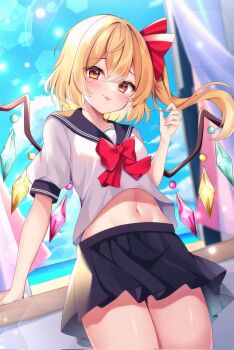 1girl :p alternate_costume backlighting black_sailor_collar black_skirt blonde_hair blush bow bowtie breasts closed_mouth clothes_lift commentary_request commission corrupted_twitter_file cowboy_shot day dot_nose flandre_scarlet floating_hair hair_between_eyes hand_up highres indoors linea_alba long_hair looking_at_viewer midriff miniskirt navel no_headwear pleated_skirt red_bow red_bowtie ribbon sailor_collar school_uniform serafuku shirotsuki_shirone shirt shirt_lift short_sleeves side_ponytail skeb_commission skirt smile solo standing stomach sunlight thighs tongue tongue_out touhou white_shirt wind wind_lift wings