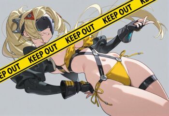 bare_legs bikini bikini_top_aside black_choker blonde_hair breasts caution_tape choker convenient_censoring detached_sleeves eye_mask fingerless_gloves gloves kawaaniiiii keep_out mask narrow_waist navel non-web_source side-tie_bikini_bottom simple_background smile swimsuit thigh_strap trigger_(zenless_zone_zero) wide_hips zenless_zone_zero