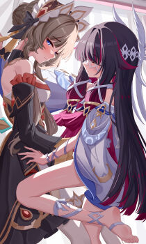 2girls absurdres aichinaigai bare_shoulders black_hair black_sleeves blue_eyes blush breasts brown_hair closed_eyes closed_mouth columbina_(genshin_impact) commentary_request detached_sleeves dress fingernails from_side genshin_impact hair_ornament highres leg_up long_hair long_sleeves looking_at_viewer looking_to_the_side multiple_girls purple_hair saliva saliva_trail sandrone_(genshin_impact) single_bare_foot sleeveless sleeveless_dress very_long_hair wing_hair_ornament yuri