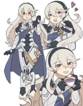 Rule 34 | 1girl, absurdres, armor, barefoot, black hairband, commentary request, female corrin (fire emblem), fire emblem, fire emblem fates, hairband, highres, kita senju, long hair, nintendo, open mouth, pointy ears, red eyes, tea, white hair