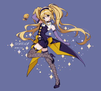 Rule 34 | 2girls, belt, black belt, black choker, black footwear, black headband, black shirt, black shorts, blonde hair, choker, closed mouth, dark jewel, dated, dia (shugo chara!), dream han, elbow gloves, fishnet thighhighs, fishnets, full body, gloves, headband, highres, hoshina utau, midriff peek, multiple girls, purple background, purple gloves, shirt, shorts, shugo chara!, signature, thighhighs