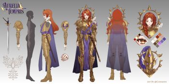 1girl absurdres adeptus_custodes armor artist_name aurelia_tempris cape character_name cigma closed_mouth color_guide gold_armor halo helmet highres indie_virtual_youtuber jewelry long_hair multiple_views orange_hair plume purple_cape reference_sheet ring second-party_source sheath sheathed sword virtual_youtuber warhammer_40k weapon yellow_eyes