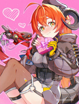 Rule 34 | 1girl, ammunition, anazawaaka, asymmetrical gloves, bare shoulders, black gloves, black hat, black horns, box, breasts, brown thighhighs, closed mouth, commentary request, cowboy shot, crossed bangs, curled horns, dress, fingerless gloves, from side, gloves, green eyes, gun, hair between eyes, hat, heart, heart-shaped box, highres, holding, holding box, horns, large breasts, long hair, looking at viewer, mechanical horns, mechanical tail, mismatched gloves, orange hair, orange pupils, orphie magnusson, pink background, pink ribbon, pointy ears, ribbon, single fingerless glove, sitting, smile, tail, thighhighs, twintails, twitter username, valentine, weapon, yellow gloves, zenless zone zero, zipper dress