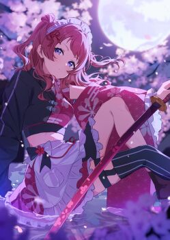 1girl apron blue_eyes blush cherry_blossoms commentary_request crop_top expressionless full_moon gakuen_idolmaster hanami_saki highres idolmaster katana kirizuki_reika long_hair looking_at_viewer maid maid_headdress moon moonlight night red_hair reflection single_thighhigh solo sword thighhighs unconventional_maid water weapon