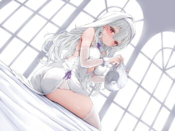 1girl ass bare_shoulders bed_sheet blush bra breasts bridal_gauntlets classic_(zildjian33) closed_mouth clothing_cutout dress earrings elbow_gloves gloves grey_hair hair_between_eyes highres holding holding_bra holding_panties holding_underwear holding_unworn_clothes indoors jewelry lace_trim large_breasts long_hair looking_at_viewer looking_back medium_breasts nun on_bed original panties red_eyes side_slit sitting sleeveless sleeveless_dress solo thighhighs thighs underwear unworn_bra unworn_panties veil white_dress white_gloves white_hair white_panties white_thighhighs window
