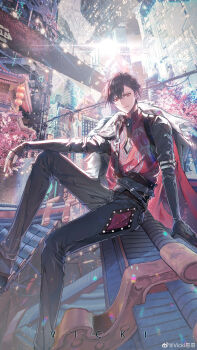 Rule 34 | 1boy, absurdres, architecture, arm on knee, arm support, arm warmers, armlet, artist name, ayn alwyn, ayn alwyn (awakening), belt, black arm warmers, black belt, black coat, black gloves, black hair, black pants, black shirt, black shoes, bridge, building, cherry blossoms, chinese commentary, cityscape, closed mouth, coat, coat on shoulders, diamond-shaped earrings, diamond (shape), dragon print, earrings, east asian architecture, elbow gloves, expressionless, feet out of frame, flower, foot dangle, fur-trimmed coat, fur trim, gloves, hair behind ear, hair between eyes, highres, jewelry, knee up, lantern, light particles, long sleeves, looking at viewer, lovebrush chronicles, male focus, multiple rings, on roof, pants, paper lantern, pink flower, power lines, red coat, red eyes, red vest, ring, science fiction, shirt, shoes, short hair, single arm warmer, single glove, sitting, skyscraper, solo, stud earrings, sun, tile roof, tree, two-sided coat, two-sided fabric, vest, vicki yiyi, watermark, weibo watermark