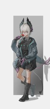 Rule 34 | 1girl, absurdres, arknights, ash0ne, black boots, black gloves, black jacket, black shirt, blue eyes, boots, border, chinese commentary, closed mouth, commentary request, covered collarbone, electric plug, electric plug tail, extra arms, flower, full body, gloves, grey border, grey hair, hair between eyes, highres, holding, holding flower, incredibly absurdres, jacket, knee boots, light smile, long sleeves, looking at viewer, one eye closed, open clothes, open jacket, outside border, own hands together, pink gloves, pouch, raidian (arknights), red flower, red rose, rose, shirt, short hair, solo, standing, tail, turtleneck, turtleneck shirt