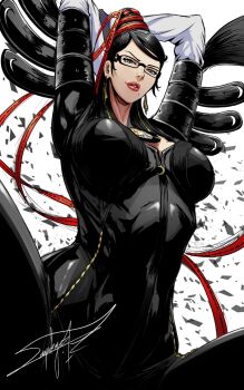 1girl bayonetta bayonetta_(series) beehive_hairdo black_hair bodysuit breasts commentary earrings english_commentary from_below glasses highres jewelry mole mole_under_mouth senpokage signature solo