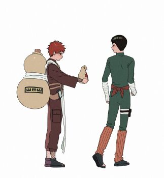 Rule 34 | 2boys, absurdres, bag, bandaged arm, bandaged hand, bandages, belt, black eyeliner, black hair, blunt bangs, blush, bodysuit, bowl cut, brown jacket, brown pants, eyeliner, fishnet leggings, full body, gaara (naruto), gourd, green bodysuit, highres, holding, holding bag, intelli intel, jacket, leg warmers, looking at another, makeup, male focus, multiple boys, naruto (series), naruto shippuuden, open-toe shoes, orange leg warmers, pants, parted lips, red belt, red hair, ribbed leg warmers, rock lee, sash, short hair, thick eyebrows, white background, white sash