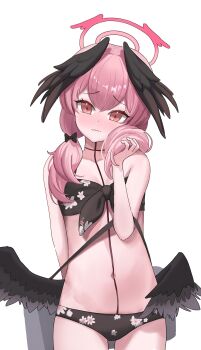 1girl absurdres arm_at_side bikini black_bikini black_bow black_wings blue_archive blush bow brown_eyes closed_mouth commentary_request cowboy_shot dot_nose double-parted_bangs floral_print floral_print_bikini groin hair_bow hair_over_shoulder halo hand_up head_wings highres holding holding_own_hair koharu_(blue_archive) koharu_(swimsuit)_(blue_archive) kudo_0802 looking_at_viewer low_twintails low_wings mini_wings navel nose_blush pink_halo print_bikini raised_inner_eyebrows simple_background solo standing stomach swimsuit twintails wavy_mouth white_background wings