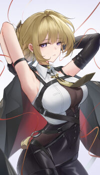 1girl absurdres arm_strap armpits arms_up bare_shoulders black_pants blonde_hair breasts chinese_commentary commentary evelyn_chevalier highres large_breasts looking_at_viewer mole mole_under_eye necktie pants parted_lips purple_eyes shirt short_hair sleeveless sleeveless_shirt solo white_shirt yunmo_(znfc8352) zenless_zone_zero