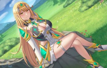 1girl absurdres aegis_sword_(xenoblade) bare_shoulders blonde_hair blush breasts chest_jewel cleavage cleavage_cutout closed_mouth clothing_cutout commentary crossed_legs ghonky highres large_breasts mythra_(xenoblade) signature sitting smile solo sword tiara weapon xenoblade_chronicles_(series) xenoblade_chronicles_2 yellow_eyes