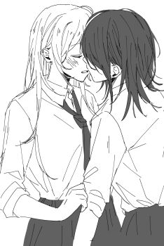 2girls closed_eyes collared_shirt commentary_request facing_another greyscale highres imminent_kiss long_hair long_sleeves loose_necktie monochrome multiple_girls necktie original school_uniform shirt sketch skirt strawberry_(akira-love) yuri