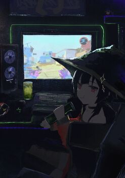 absurdres chair computer computer_fan computer_keyboard counter-strike counter-strike_(series) dark_room doyagao dress drink drinking gaming_chair hat highres holding holding_drink indoors kono_subarashii_sekai_ni_shukufuku_wo! koukouya looking_at_viewer megumin monitor monster_energy playing_games puffy_cheeks red_dress red_eyes short_hair short_hair_with_long_locks sitting smug snack sparkle spoken_sparkle swivel_chair witch_hat