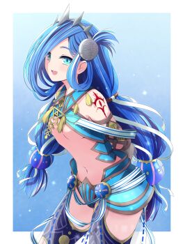 1girl :d aqua_eyes armor arms_behind_back blue_background blue_hair border breasts cleavage commentary_request crotch_plate dana_iclucia detached_collar faulds floating_hair floating_ribbon gradient_background hair_ornament hair_rings hairband highres leaning_forward long_hair low-tied_long_hair metal_hairband navel open_mouth parted_bangs revealing_clothes ribbon shiroki_yuu shoulder_tattoo simple_background small_breasts smile solo spiked_hairband spikes stomach swept_bangs tattoo twintails underboob upper_body very_long_hair white_border white_ribbon ys ys_viii:_lacrimosa_of_dana