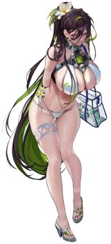1girl alternate_costume aqua_nails aqua_toenails bare_shoulders bikini black_hair breasts cleavage flower full_body goddess_of_victory:_nikke green_hair guilty_(nikke) guilty_(wave_of_disbelief)_(nikke) hair_between_eyes hair_flower hair_ornament high_heels highres huge_breasts long_hair multicolored_hair navel official_alternate_costume official_art ponytail skindentation source_request swimsuit thigh_strap transparent_background two-tone_hair white_bikini