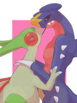1other bad_id bad_pixiv_id black_eyes black_sclera blue_skin blush border butter_(oshi8kyoumoh) chromatic_aberration claws closed_mouth colored_sclera colored_skin couple eating embarrassed eye_contact fangs fangs_out flygon flying_sweatdrops food from_side garchomp gen_3_pokemon gen_4_pokemon half-closed_eyes hand_on_another's_arm hands_on_another's_shoulders heart heart-shaped_pupils height_difference looking_at_another looking_down looking_up mouth_hold multicolored_skin nervous nintendo outside_border pink_background pocky pocky_kiss pokemon pokemon_(creature) profile red_skin shared_food simple_background spikes standing sweat symbol-shaped_pupils white_border yellow_eyes yellow_skin