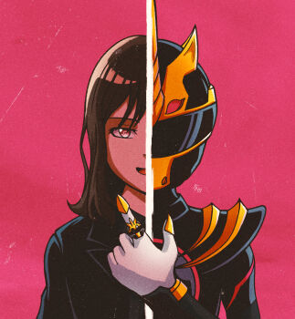 1girl battywanderer brown_hair gloves gozyu_unicorn ichikawa_sumino pink_eyes sentai_ring split_screen super_sentai tekken_7_redraw_challenge