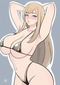 1girl arched_back armpits arms_behind_head b._jenet bikini blonde_hair blue_eyes blush breasts bursting_breasts cleavage curvy fatal_fury fatal_fury:_city_of_the_wolves half-closed_eyes ihsnet large_breasts legs long_hair micro_bikini navel puckered_lips seductive_gaze sideboob skindentation snk solo swimsuit teeth the_king_of_fighters thick_lips thick_thighs thighs thong_bikini underboob
