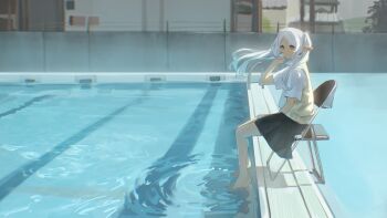 1girl absurdres barefoot black_skirt commentary double-parted_bangs earrings elf frieren green_eyes highres jewelry long_hair looking_at_viewer parted_lips pointy_ears pool shirt short_sleeves skirt smile solo sousou_no_frieren sweater takoyoomi thick_eyebrows twintails white_hair white_shirt yellow_sweater