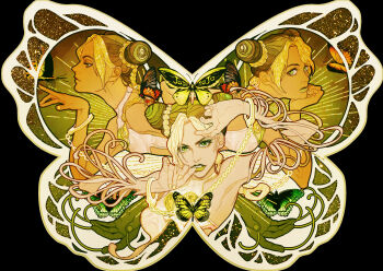1girl absurdres birthmark black_background braid bug butterfly butterfly_on_hand chinese_commentary commentary_request cropped_torso cuffs double_bun ginsky2000 green_eyes green_lips hair_bun handcuffs highres insect joestar_birthmark jojo_no_kimyou_na_bouken kuujou_jolyne looking_at_viewer multiple_views stone_ocean thumb_to_mouth twin_braids