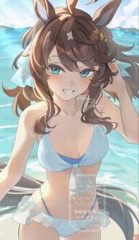 1girl alternate_costume animal_ears beach black_hair blush breasts closed_mouth commentary_request daring_tact_(umamusume) full_body hair_between_eyes hair_ornament highres horse_ears horse_girl horse_tail korokoro_nekoz long_hair looking_at_viewer multiple_girls ocean star_(symbol) star_hair_ornament tail twitter_username umamusume watermark