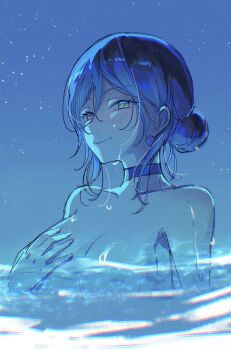 1girl black_choker blush breasts chainsaw_man choker green_eyes hair_between_eyes hair_bun hand_on_own_chest highres light_smile medium_breasts medium_hair night night_sky nishi241_i nude partially_submerged purple_hair reze_(chainsaw_man) sky solo updo upper_body wet