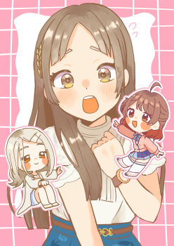 3girls :o absurdres blunt_ends blush blush_stickers brown_hair chibi chibi_inset commentary flying_sweatdrops furrowed_brow gakuen_idolmaster grey_hair grid_background hanami_ume hatsuboshi_gakuen_school_uniform highres i_0u0_b idolmaster kuramoto_china layered_sleeves long_hair multiple_girls parted_bangs school_uniform shinosawa_hiro shirt shirt_tucked_in smile straight_hair teeth upper_body upper_teeth_only watch white_shirt wristwatch