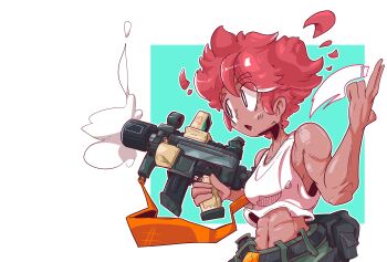 abs absurdres ammunition_pouch belt belt_pouch flamebunnyy gun gun_sling highres optical_sight original pouch red_hair short_hair smoke smoking_barrel submachine_gun suppressor tank_top toned trigger_discipline weapon white_background white_tank_top