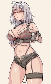 1girl ahoge blue_eyes bra breasts cleavage ember_amane fingerless_gloves gloves grey_hair hair_ornament harness large_breasts midriff mole mole_on_breast mole_on_thigh navel phase_connect short_shorts shorts thick_thighs thigh_strap thighs tilt-shift_(azalanz) underwear virtual_youtuber