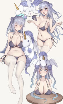 1girl ^^^ absurdres accidental_exposure aged_up ahoge alternate_breast_size azur_lane bare_arms bare_shoulders bikini black_bikini blunt_bangs bouncing_breasts breasts cleavage closed_eyes collarbone commentary_request double_bun full_body hair_bun highres horns large_breasts long_hair looking_up lowleg lowleg_panties multiple_views navel no_shoes panties purple_eyes purple_hair sherryqq side-tie_bikini_bottom simple_background single_horn sitting sleeping sleeping_upright stomach swimsuit thighhighs unaligned_breasts underwear unicorn_(azur_lane) very_long_hair white_background white_thighhighs winged_unicorn