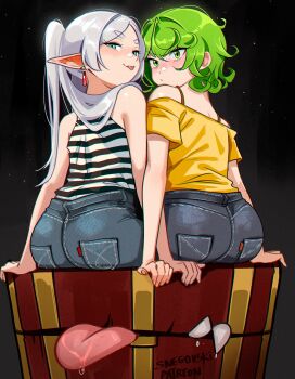 2girls aqua_eyes ass blush denim earrings frieren from_behind green_eyes green_hair highres jewelry long_hair mimic mimic_chest multiple_girls pointy_ears shirt snegovski tatsumaki tongue white_hair yellow_shirt