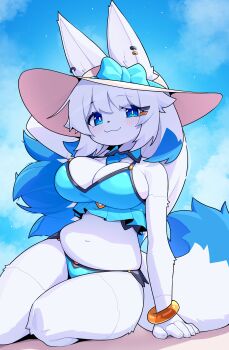 1girl :3 absurdres android animal_ear_piercing animal_ears arm_support bella_(dev_voxy) bikini blue_bikini blue_bow blue_hair blue_sky body_fur bow breasts bright_pupils cleavage detached_collar dev_voxy ears_through_headwear fox_ears fox_tail furry furry_female hair_ornament hairclip hat hat_bow highres large_breasts long_hair navel necktie original outdoors short_necktie sitting sky solo star_(sky) swimsuit tail white_fur white_hair white_pupils yokozuwari