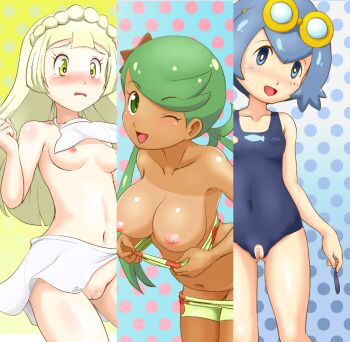 10s 3girls :d ;d alternate_color alternate_hairstyle bare_arms bare_legs bare_shoulders blonde_hair blue_hair blunt_bangs blush braid braided_hairband breasts censored clothes_pull covered_erect_nipples covered_navel dark-skinned_female dark_skin embarrassed female_focus gen_1_pokemon gluteal_fold goggles green_eyes green_hair hair_ornament happy holding lana_(pokemon) lillie_(pokemon) loli long_hair long_twintails looking_at_viewer mallow_(pokemon) midriff mosaic_censoring multiple_girls navel nintendo nipples no_panties official_alternate_costume one-piece_swimsuit one_eye_closed open_mouth pants pants_pull petite pokemon pokemon_(anime) pokemon_sm pokemon_sm012 pokemon_sm_(anime) polka_dot polka_dot_background pussy shiny_skin short_hair small_breasts smile split_screen standing staryu swimsuit tears tof twintails wink yellow_eyes