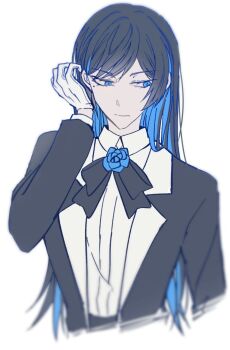 1girl ado_(utaite) black_bow black_bowtie black_hair blue_eyes blue_hair bow bowtie chando_(ado) collared_shirt colored_inner_hair commentary_request gloves highres kkeraku korean_commentary long_hair mole mole_under_eye multicolored_hair shirt solo tucking_hair utaite white_gloves white_shirt