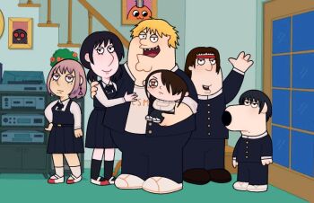 3boys 3girls black_hair blonde_hair brian_griffin brown_hair bubblemunne carrying chainsaw_man commentary denji_(chainsaw_man) door dress earrings english_commentary fami_(chainsaw_man) family_guy fourth_east_high_school_uniform gakuran hair_over_one_eye indoors iseumi_haruka jewelry medium_dress mitaka_asa mole mole_under_eye mole_under_mouth multiple_boys multiple_girls multiple_moles nayuta_(chainsaw_man) open_mouth parody phonograph photo_(object) pochita_(chainsaw_man) purple_hair school_uniform smile stairs standing style_parody war_devil_(chainsaw_man) waving yoshida_hirofumi