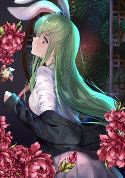 1girl absurdres animal_ears architecture black_jacket blush breasts budgiepon c.c. closed_mouth code_geass commentary cosplay cowboy_shot east_asian_architecture eyelashes fake_animal_ears fireworks floral_background flower from_side green_hair hair_between_eyes hair_over_shoulder head_tilt highres indoors jacket lips long_hair long_sleeves looking_at_viewer medium_breasts miniskirt night nose off_shoulder open_clothes open_jacket pink_skirt pleated_skirt profile rabbit_ears red_flower reisen_udongein_inaba reisen_udongein_inaba_(cosplay) shirt sidelocks sideways_glance skirt sleeves_past_wrists smile solo standing straight_hair touhou very_long_hair white_shirt window yellow_eyes