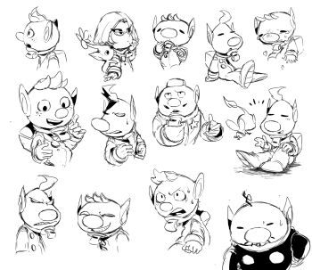 1girl 5boys alph_(pikmin) angry backpack badge bag bags_under_eyes big_nose blush brittany_(pikmin) buttons charlie_(pikmin) clenched_teeth closed_eyes commentary_request creature_on_arm crying eyelashes facial_hair flower flying formal_clothes freckles from_side full_body glasses gloves grin half-closed_eye hand_on_own_cheek hand_on_own_face hand_on_own_hip highres holding holding_whistle insect_wings leaf long_sleeves louie_(pikmin) mohawk monochrome multiple_boys mustache nintendo no_headwear no_mouth notice_lines olimar open_mouth outstretched_hand parted_lips pikmin_(creature) pikmin_(series) pointy_ears president_(pikmin) raised_eyebrow sad_smile shirushiki short_hair simple_background sitting sketch smile smug solid_circle_eyes solid_eye spacesuit star_(symbol) suit sweat sweatdrop talking teardrop teeth triangular_eyewear unusually_open_eyes upper_teeth_only v-shaped_eyebrows v-shaped_eyes very_short_hair whistle white_background winged_pikmin wings yellow_pikmin