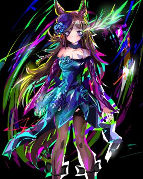 1girl absurdres animal_ears bare_shoulders black_thighhighs blue_dress blue_flower blue_hat blue_rose blush breasts brown_hair closed_mouth dress eye_trail flipped_hair flower fur_choker hair_over_one_eye hat hat_flower highres horse_ears horse_girl horse_tail light_trail long_hair long_sleeves looking_at_viewer off-shoulder_dress off_shoulder purple_eyes rice_shower_(rosy_dreams)_(umamusume) rice_shower_(umamusume) rose smile solo tail thighhighs tilted_headwear torada_tetora umamusume