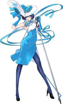 1girl artist_request black_shoes blue_dress blue_eyes blue_gloves blue_hair blue_pantyhose blue_ribbon breasts buttons check_artist checkered_clothes checkered_scarf commentary_request copyright_name dress folding_fan full_body gloves hand_fan hat high_heels highres holding medium_breasts microphone microphone_stand official_art open_mouth pantyhose ribbon scarf shoes short_hair side_slit sleeveless sleeveless_dress solo standing suntory suntory_nomu teeth underbust virtual_youtuber white_hat yasuda_suzuhito