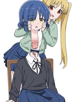 2girls black_jacket blonde_hair blue_hair bocchi_the_rock! chair dickneck disembodied_head dullahan green_jacket hair_ornament hairclip hands_on_another&#039;s_cheeks hands_on_another&#039;s_face highres ijichi_nijika jacket jbxpism misplaced_genitals multiple_girls on_chair penis penis_neck ponytail pussy shirt side_ponytail simple_background sitting textless_version uncensored what white_background white_shirt yamada_ryo yellow_eyes