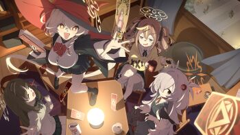 +_+ 4girls arm_up artist_request bad_link black_hat black_jacket black_skirt blue_archive blush book bow braid breasts brown_eyes brown_hair cardigan closed_eyes closed_mouth collared_shirt crossed_bangs diagonal-striped_bow dress eri_(blue_archive) green_bow green_hair green_hairband grey_cardigan grey_dress grey_hair hair_over_one_eye hairband halo hat highres holding holding_book jacket kanoe_(blue_archive) large_breasts long_hair looking_at_another multiple_girls official_art open_clothes open_jacket open_mouth purple_eyes red_bow rena_(blue_archive) shirt single_braid sitting skirt smile striped_bow tsumugi_(blue_archive) twintails two_side_up very_long_hair white_shirt witch witch_hat yellow_cardigan yellow_halo