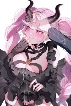 1boy 1girl bare_shoulders black_dress black_horns blush braid breasts cleavage cowboy_shot crown demon_girl demon_horns dress headpat highres holding holding_crown horns large_breasts long_hair master_detective_archives:_rain_code pov purple_eyes purple_hair rize_(rize0420) shinigami_(rain_code) simple_background solo_focus twin_braids very_long_hair white_background yuma_kokohead